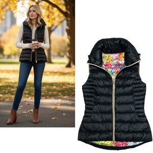 LILLY PULITZER NWT Black Sleeveless Down Feather Zip Up Puffer Vest XS